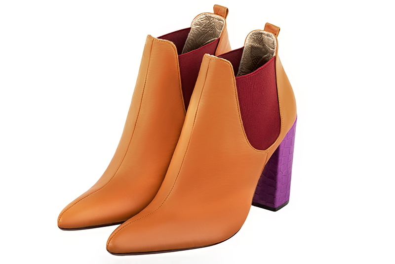 Apricot orange and cardinal red women's ankle boots, with elastics. Tapered toe. Very high block heels. Front view - Florence KOOIJMAN